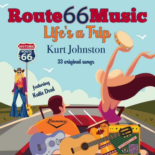 Colorful album cover for Route 66 Music by Kurt Johnston featuring guitars and a road trip theme.